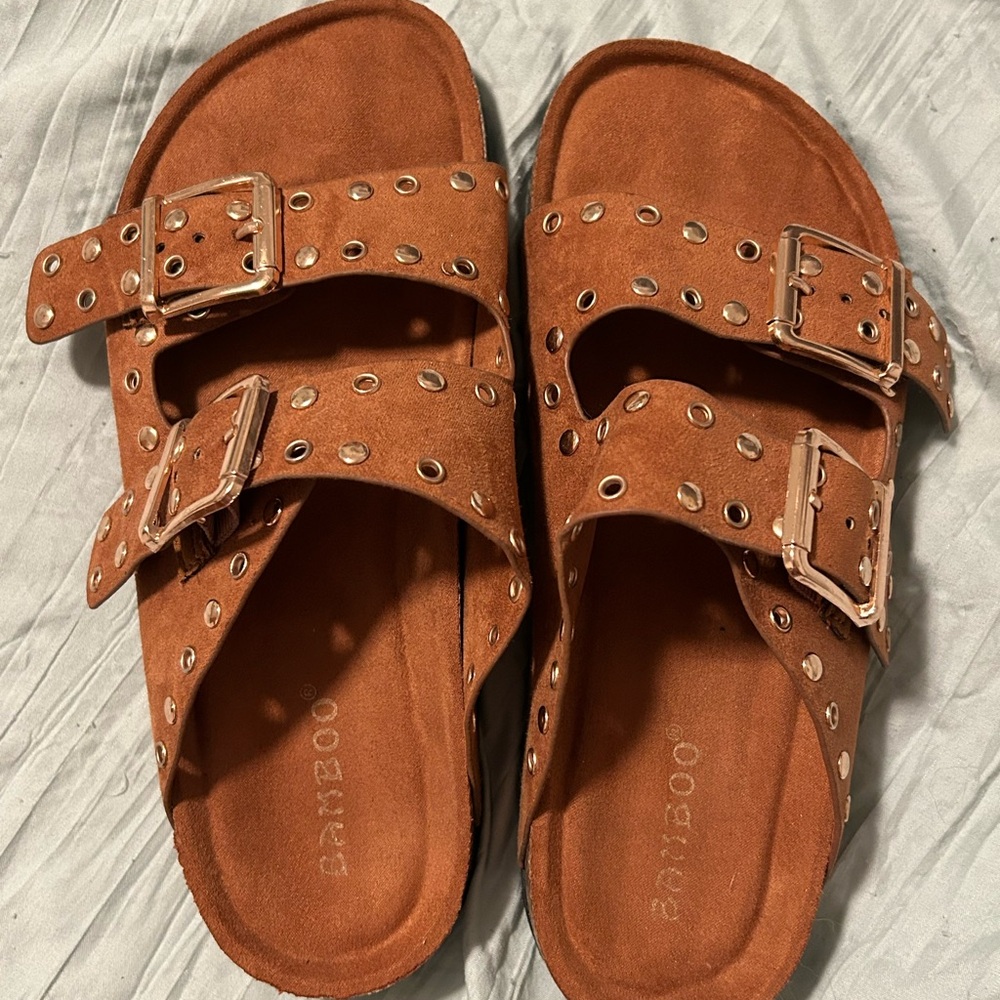 BAMBOO Tan Suede Buckle Sandals